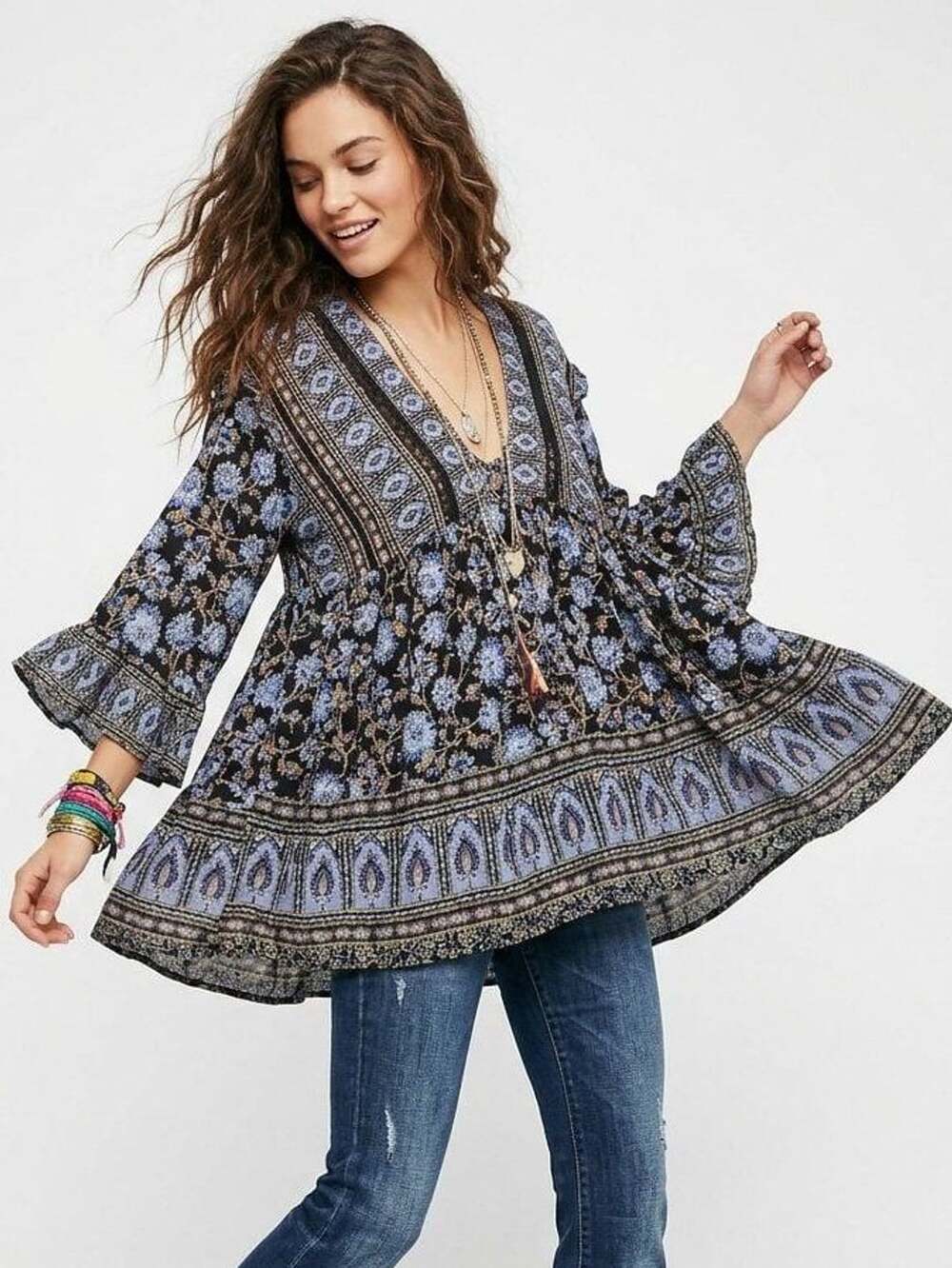 Free People Black Combo Multicolor Peasant Tunic Boho Blouse Size S